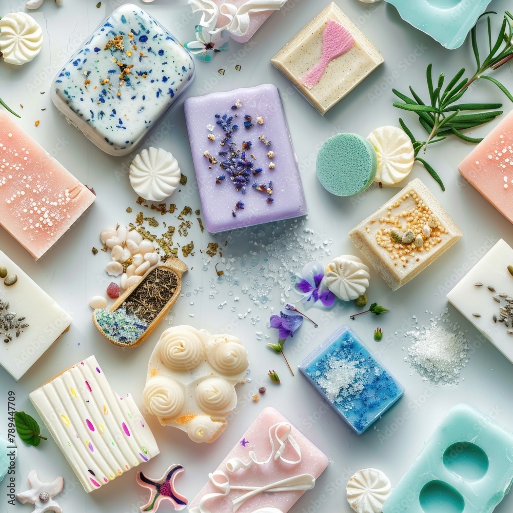 Poster different types of soaps on a white table, suitable for hygiene or spa concept