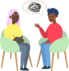 Psychotherapy session - black man talking to psychologist sitting on chair. Mental health concept, vector illustration in flat style