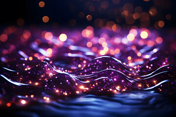 Background Abstract Texture. Holographic waves of purple, yellow water backlight falling. Glossy liquid substance in hologram spectral palette. Melting neon fluidity waves, shiny petroleum substances.