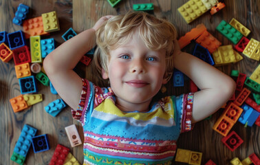 A little boy wearing colorful is lying on the floor with his hands behind his head, surrounded by Lego blocks of various colors and shapes