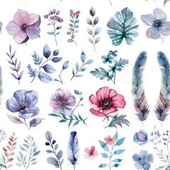 A beautiful collection of watercolor flowers and leaves. Perfect for various design projects