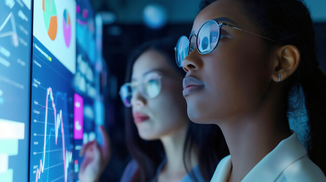 Two businesswomen, Asian and African American, wearing eyeglasses, looking at analytics, statistics, graphs and charts on the monitor display screen. Performance diagram dashboard information