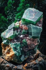 A cluster of green crystals on top of a rock, ideal for science or nature themes
