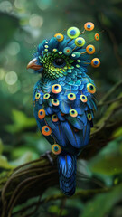 An exotic bird, blue feathers, with bright green circles on the feathers, it is very colorful and is in nature,generative ai