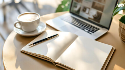 Empty blank white pages in notebook journal or diary on office table next to the coffee mug or cup and laptop computer with morning sunlight. Workplace or workspace interior indoors, nobody - Powered by Adobe