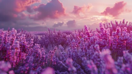 A scenic view of a field filled with purple flowers under a dramatic cloudy sky. Perfect for nature or landscape backgrounds