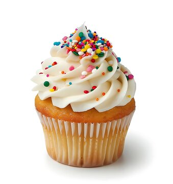 A cupcake with white frosting and colorful sprinkles, isolated on a white background, in high resolution photography, stock photo, with a simple composition, high detail, clean sharp focus