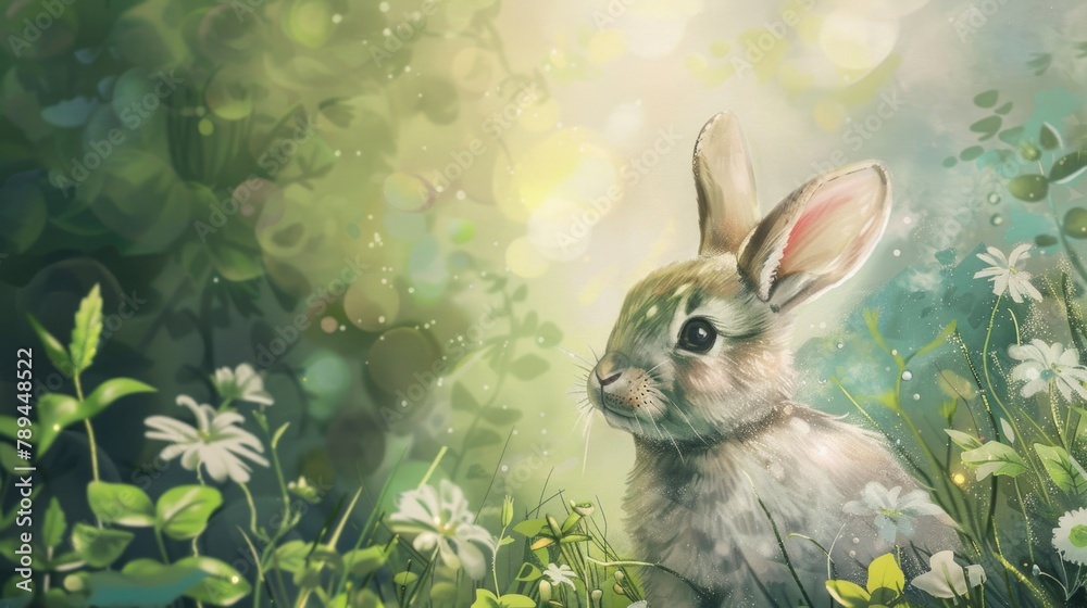 Poster a painting of a rabbit sitting in the grass, suitable for various nature-themed projects