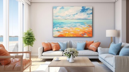 Watercolor illustration of colorful summer houses on the sandy ocean shore. Modern coastal summer art by the sea in vibrant blues and oranges