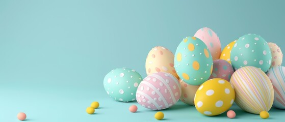Fototapeta na wymiar Easter eggs on pastel blue background. Creative design. 3D rendering