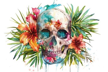 Watercolor painting of a skull surrounded by colorful flowers. Suitable for various artistic projects