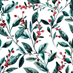 Vibrant watercolor painting of leaves and berries on a white background. Perfect for botanical illustrations or nature-themed designs