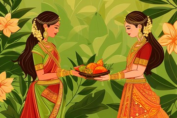 Illustration of happy people celebrating Ugadi festival, New Year's Day according to the Hindu calendar and is celebrated by Telugus and Kannadigas