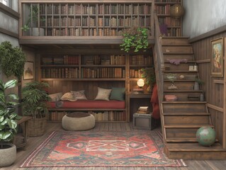 A cozy reading nook with a red rug, a couch, and a bookshelf filled with books