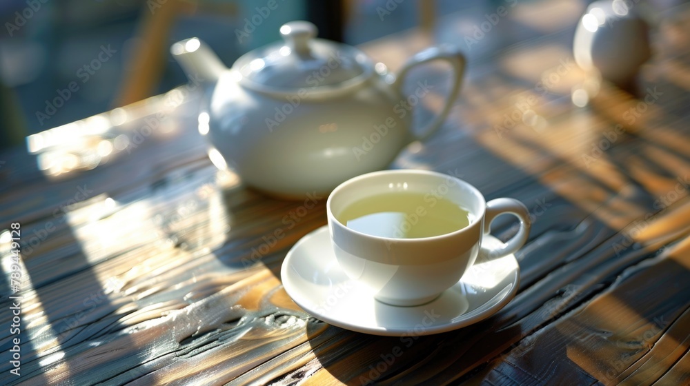 Wall mural Tea pot and cup on table, perfect for tea lovers