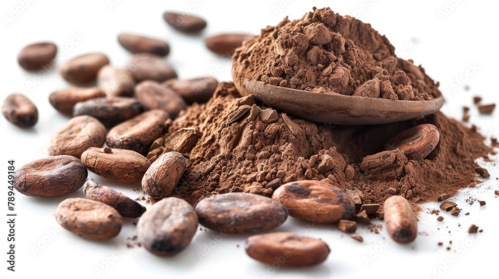 Poster A pile of cocoa beans with a wooden spoon. Ideal for food and beverage concepts