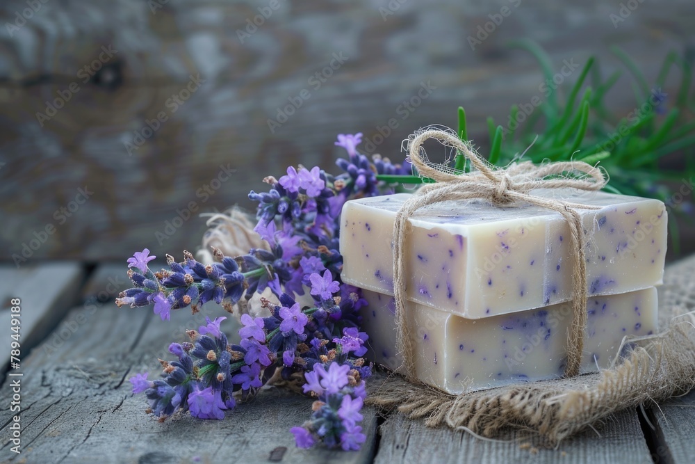Poster a bunch of soap displayed on a wooden table. perfect for hygiene and spa concepts
