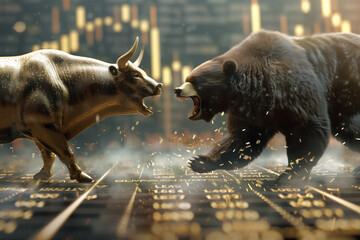 A golden bull and a fierce bear clash above a stock market trading floor, symbolizing the tension between bullish and bearish markets.