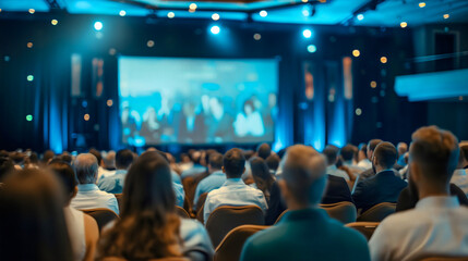 Back view of audience in the conference hall or seminar meeting with large display screen showing video presentation, business education concept. Corporate company workers and employees,staff training