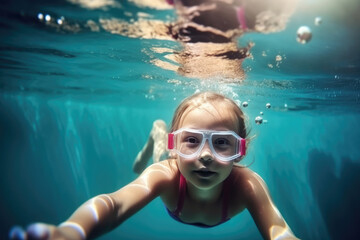 generated illustration girl swimming in pool , diving underwater