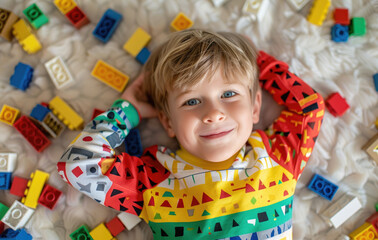 A little boy wearing colorful is lying on the floor with his hands behind his head, surrounded by Lego blocks of various colors and shapes