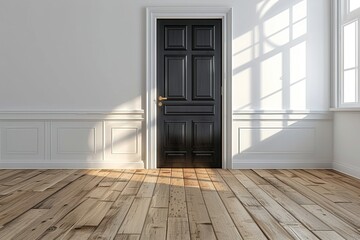 Fototapeta premium Room with black door and white wall. 