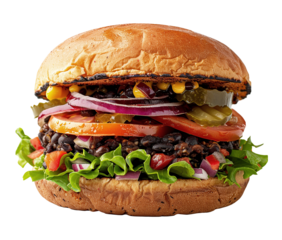 Black bean smash burger on transparent background