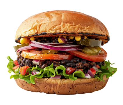 Black bean smash burger on transparent background