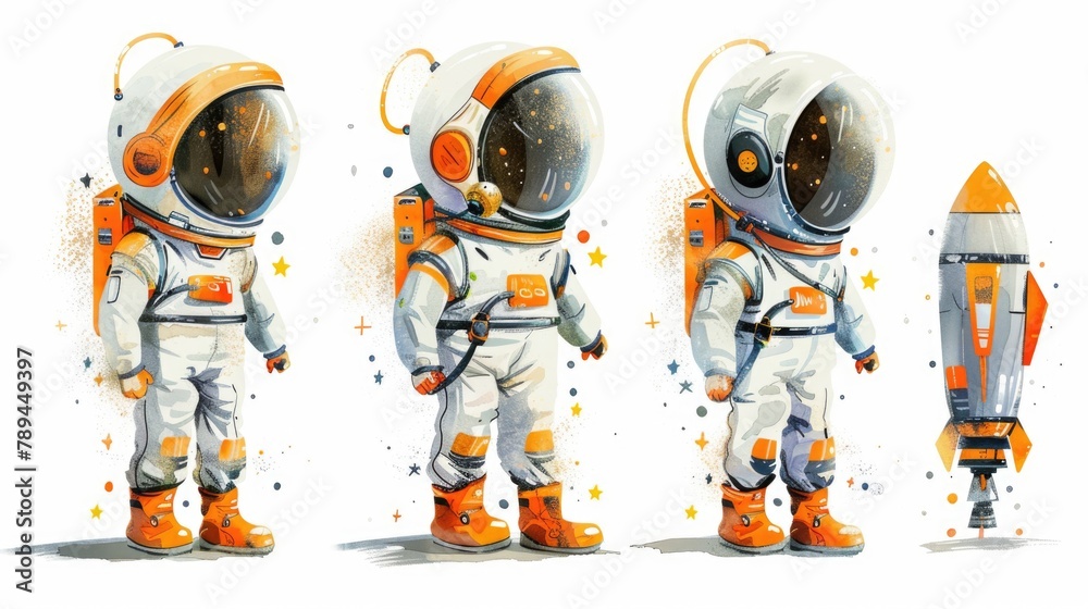 Aufkleber A group of three astronauts standing together. Suitable for space exploration themes