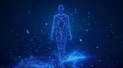 Fototapeta na wymiar A black and white abstract modern illustration of a female body in an angular neon particles style. Dotwork image on the topic of science or medicine. Standing man, with a blue color on his chest.