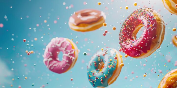 A unique image of donuts flying in the air. Perfect for food and bakery concepts