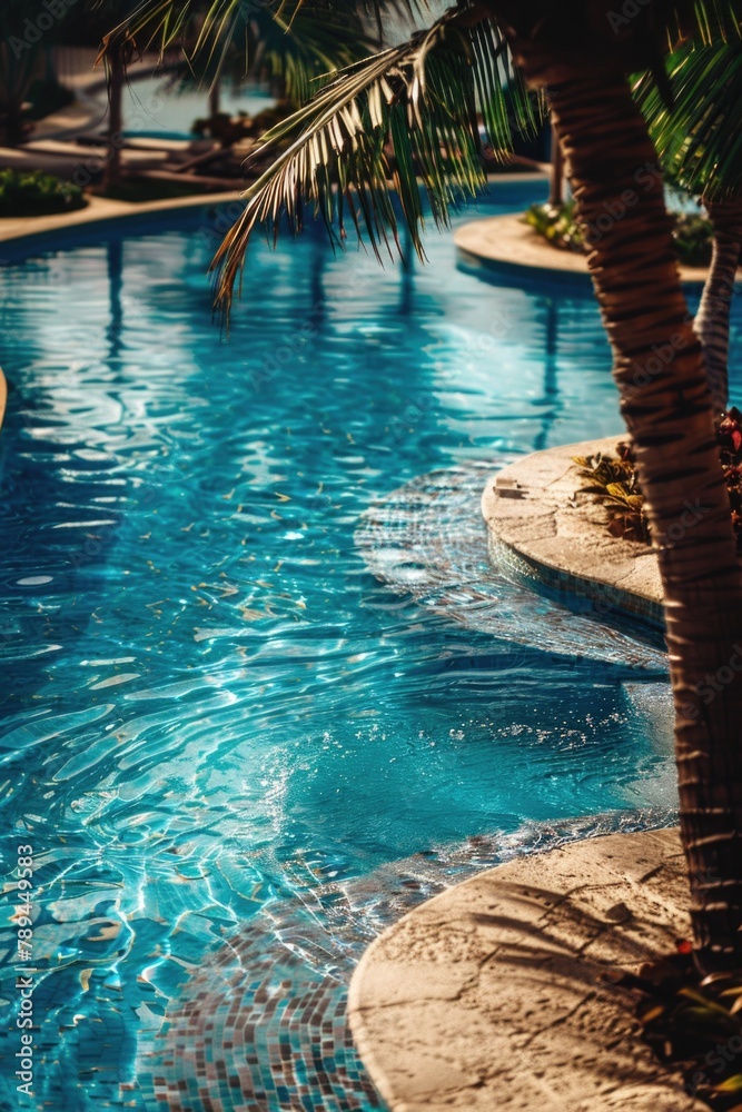 Poster a serene pool with a palm tree, perfect for travel and leisure concepts