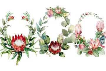 A beautiful set of watercolor proteas with leaves and flowers. Ideal for various design projects