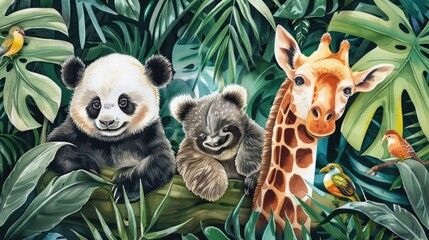 A charming painting of a giraffe, panda, and baby bear. Ideal for children's room decor or educational materials
