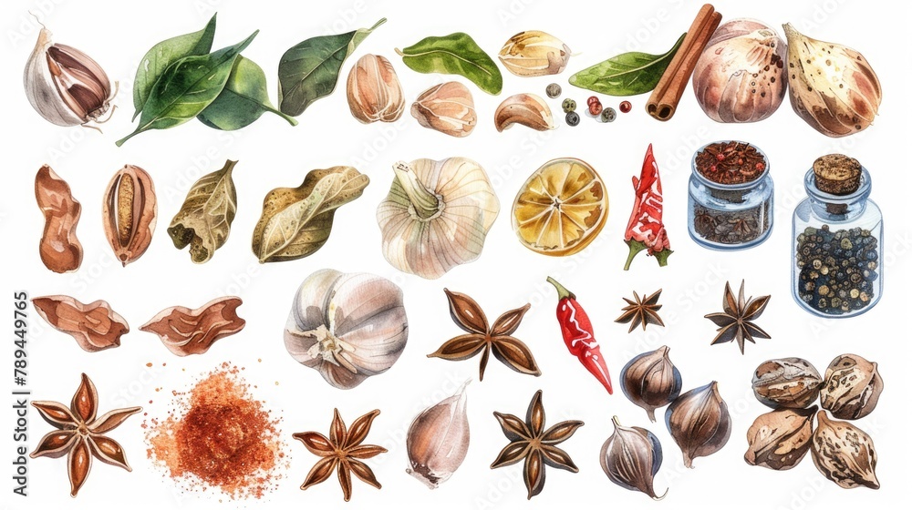 Poster various spices and nuts arranged on a clean white background. perfect for food and cooking related p