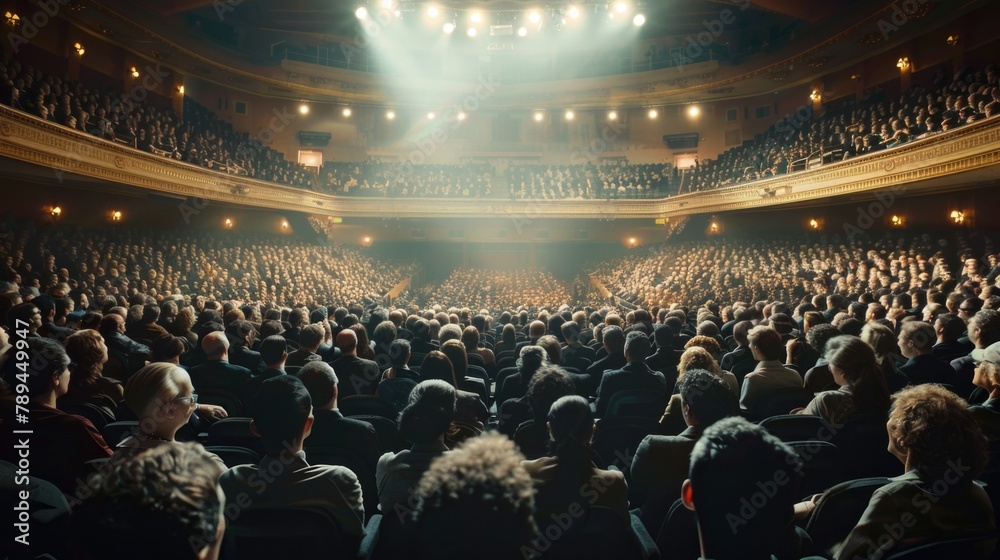 Poster a large crowd of people gathered in a large auditorium. suitable for events and conferences