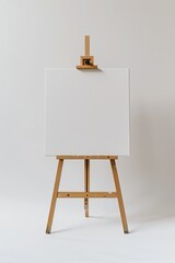 A wooden easel and a blank canvas on it.