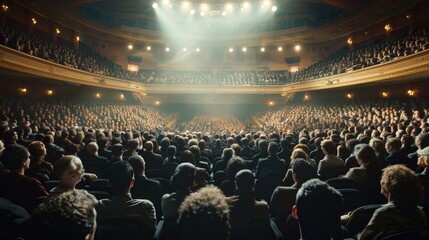 A large crowd of people gathered in a large auditorium. Suitable for events and conferences - obrazy, fototapety, plakaty