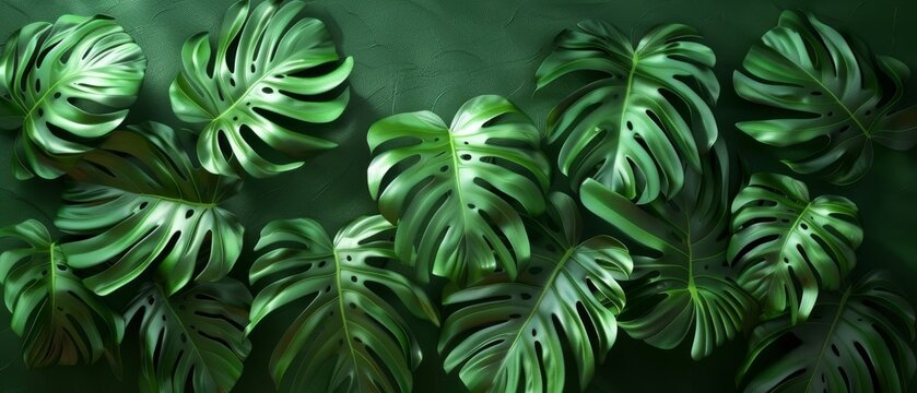 A tropical monstera leaf on a green background. A summer nature concept in 3D.