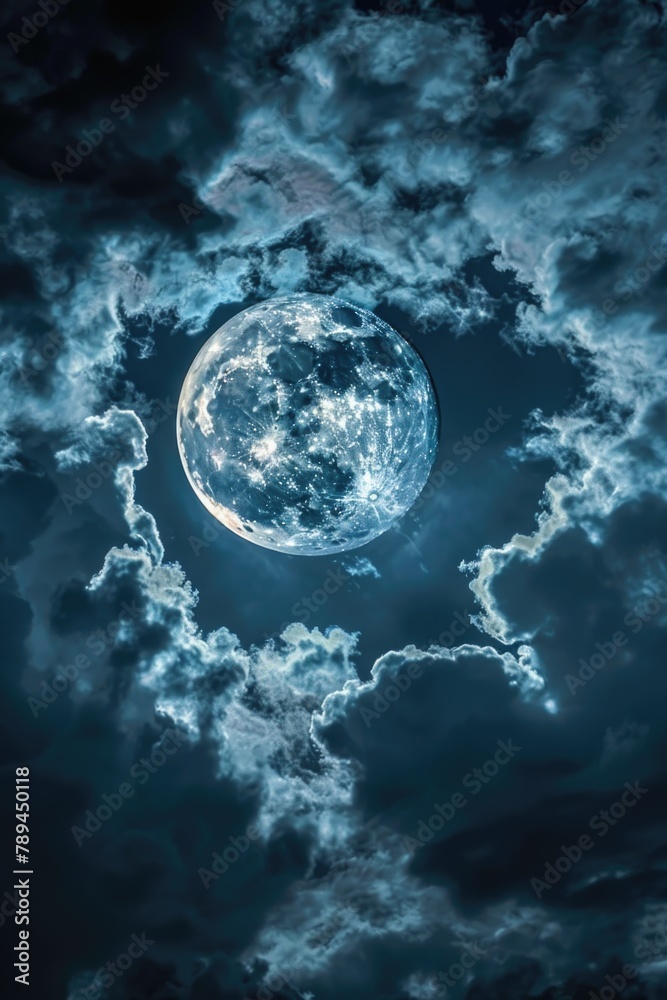 Poster a stunning image of a full moon shining through the clouds. perfect for various night sky themes