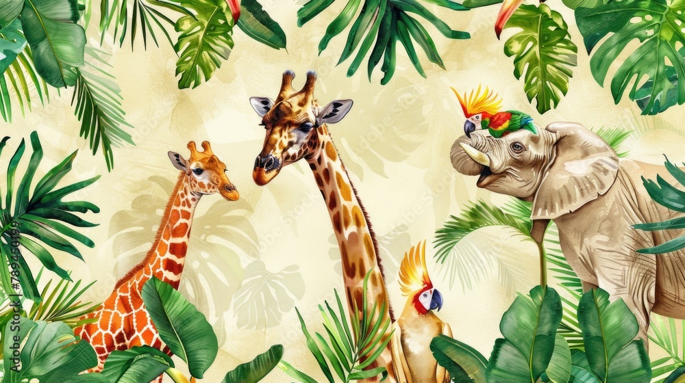 Aufkleber group of giraffes and elephants in a lush jungle setting. suitable for wildlife and nature themes