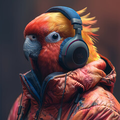 Naklejka premium a gamer with a tropical bird head, facing left, headphones,generative ai
