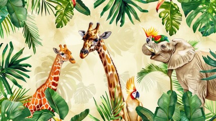 Group of giraffes and elephants in a lush jungle setting. Suitable for wildlife and nature themes