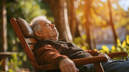 Senior old man sleeping on a wooden chair in front of the house, relaxing and enjoying, garden resting outdoors on a sunny day. Elderly pensioner retirement lifestyle, grandfather napping comfortable