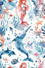 Beautiful watercolor painting of a mermaid swimming with dolphins. Perfect for ocean-themed designs