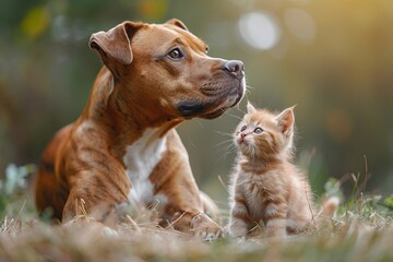 American Staffordshire terrier dog playing with little kitten.