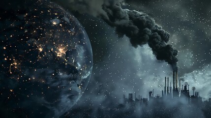  the earth in space has industrial pipes with black smoke coming out of it. Smokestacks. 
environmental pollution