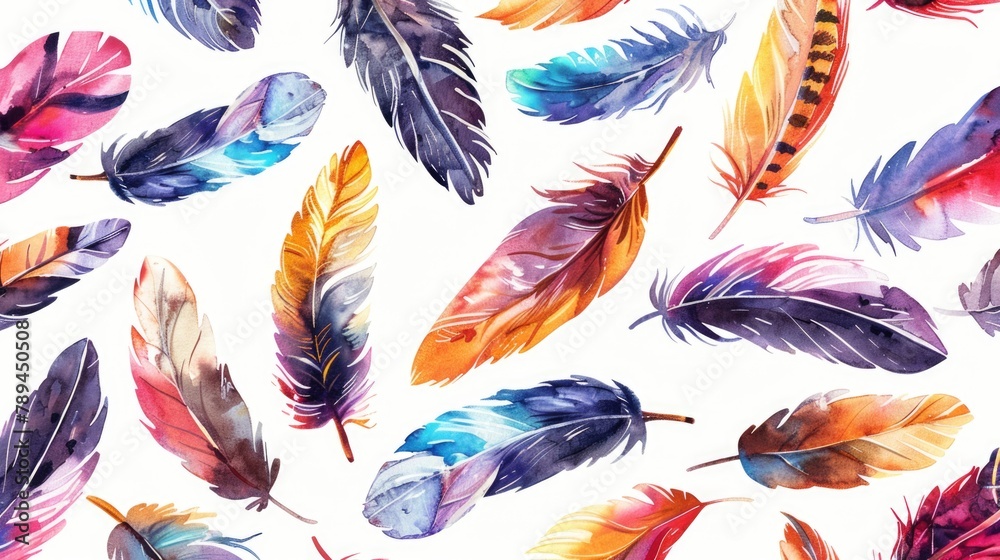 Poster vibrant feathers on a clean white backdrop. suitable for various design projects