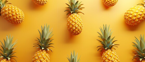 Fototapeta premium Pineapples on yellow background with a pattern. 3d illustration.