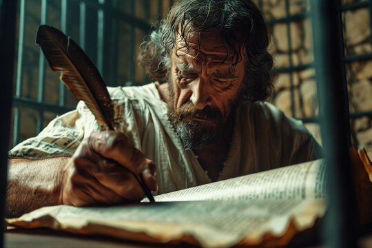 Apostle Paul writing in parchment scroll inspired by the Holy Spirit.	